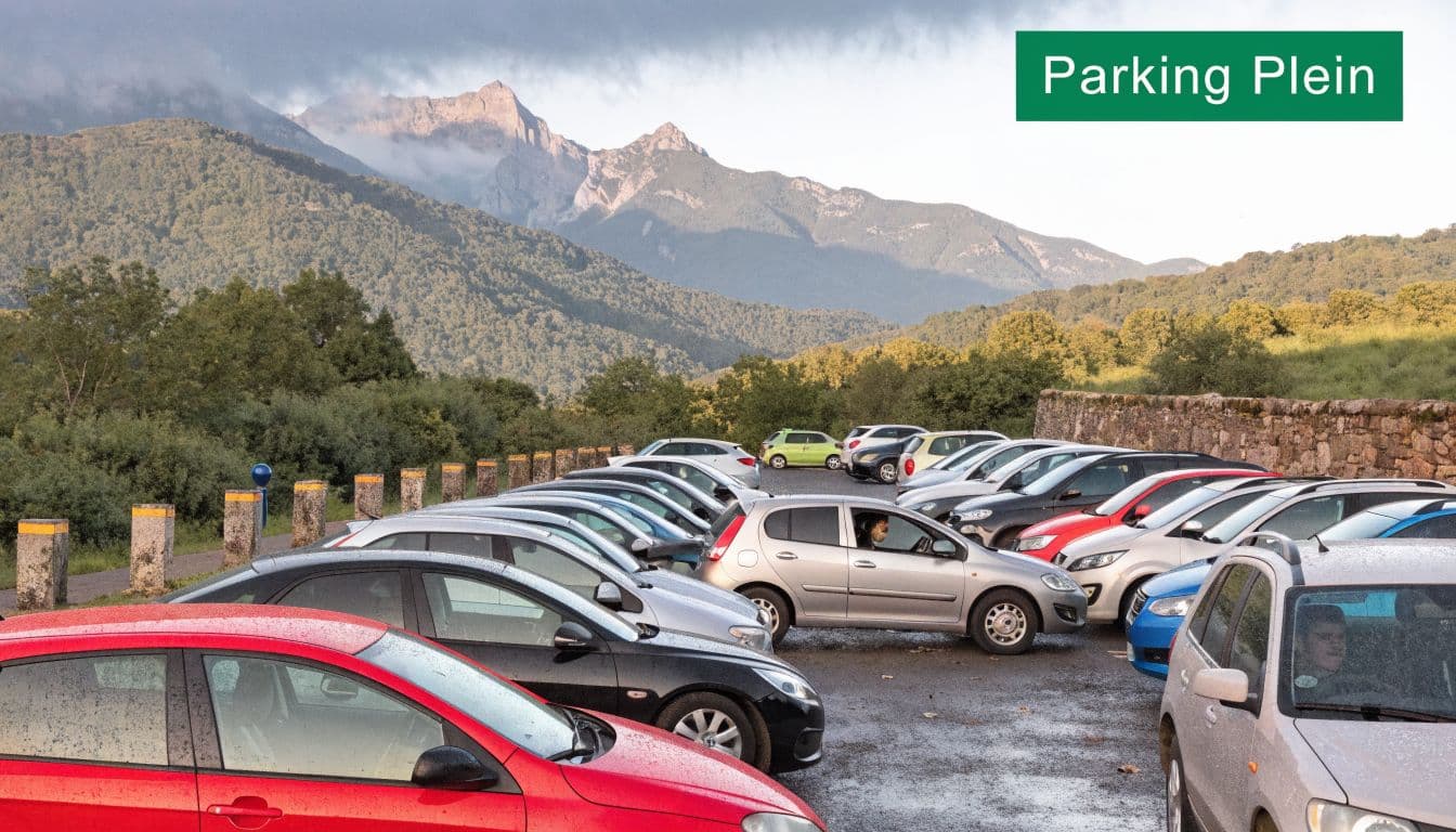 Un parking rempli de voitures devant une vue panoramique sur les montagnes des Pyrénées en France.