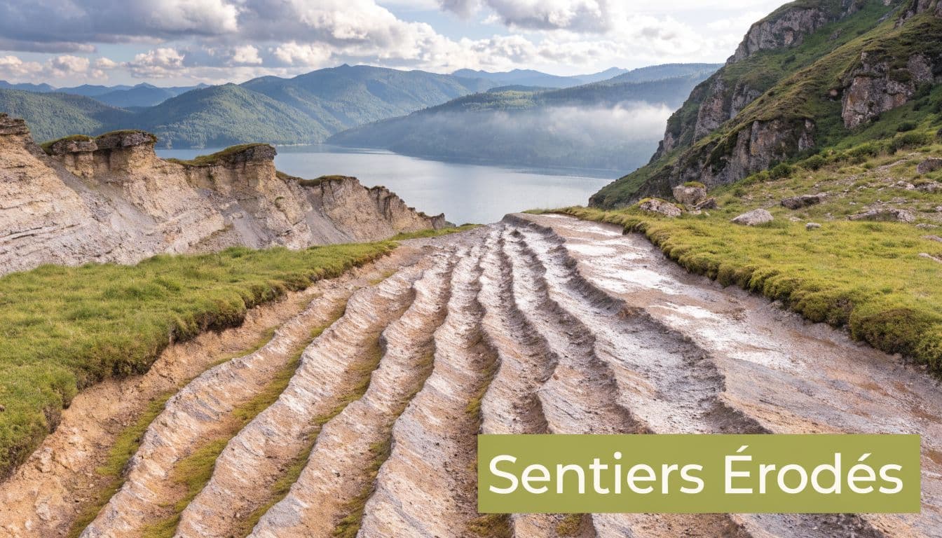 Un chemin de montagne gravement érodé par le passage humain, menant vers un lac et des montagnes.