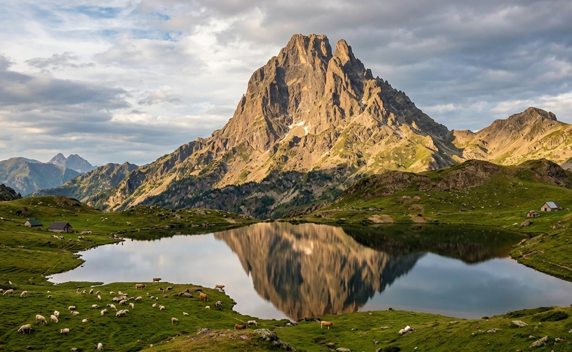 Montagne majestueuse se reflétant dans un lac, avec des moutons paissant sur des pâturages verts et des cabanes.