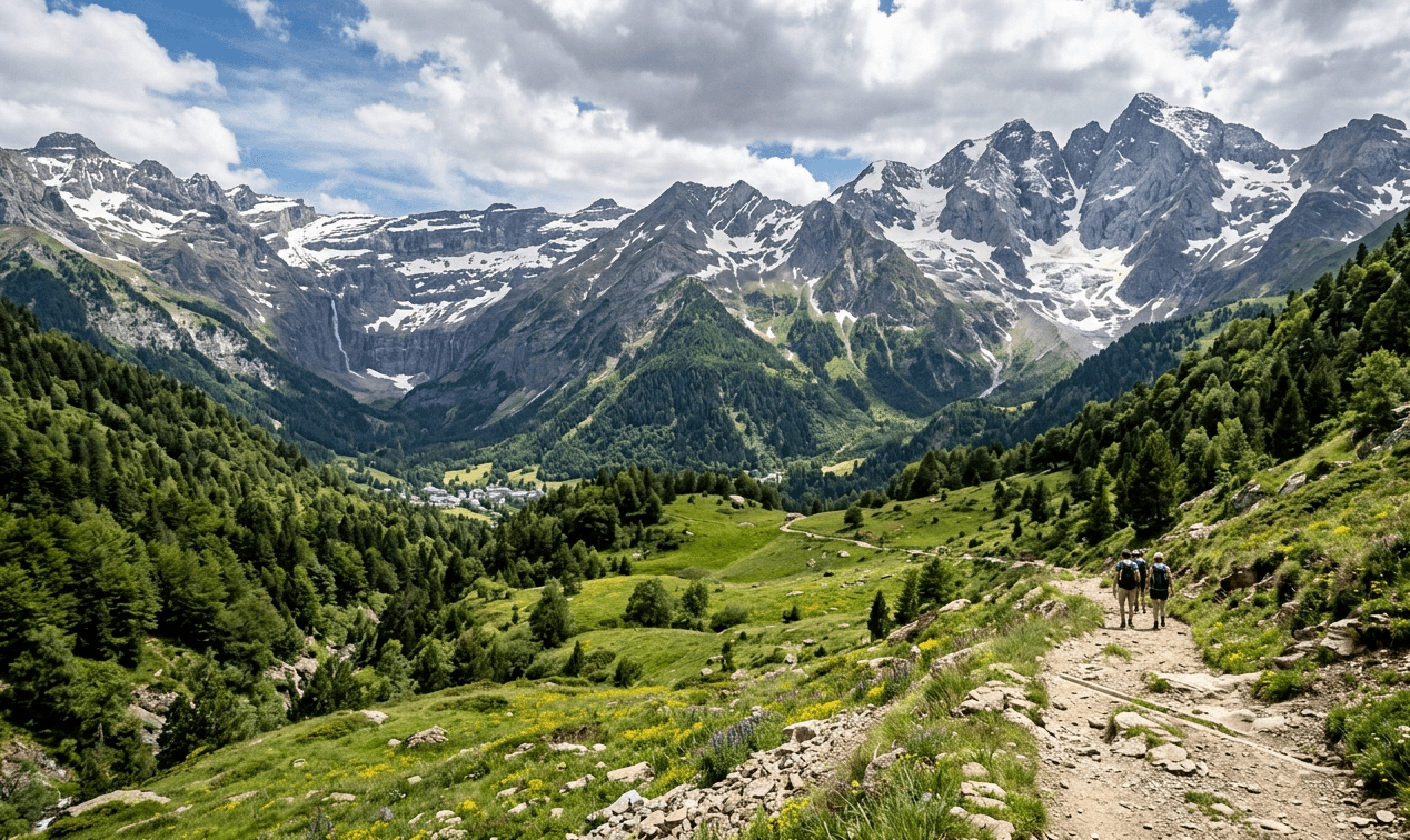 Randonneurs en montagne respectant l'environnement et la biodiversité pyrénéenne