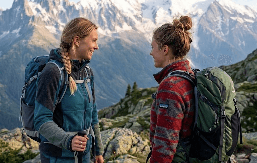 Deux randonneuses se parlent au sommet d'une montagne